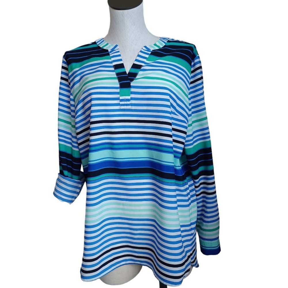Talbots Blouse Stripe Roll Tab Sleeve Tunic Length Size Large - Picture 16 of 16